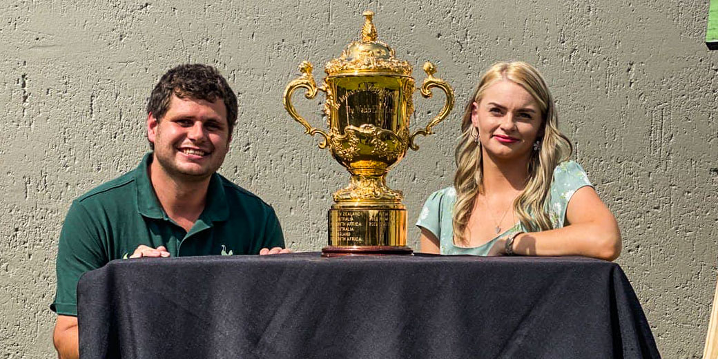 JP Engelbrecth and his fiance, Danel Wessels, with the Webb Ellis Cup.