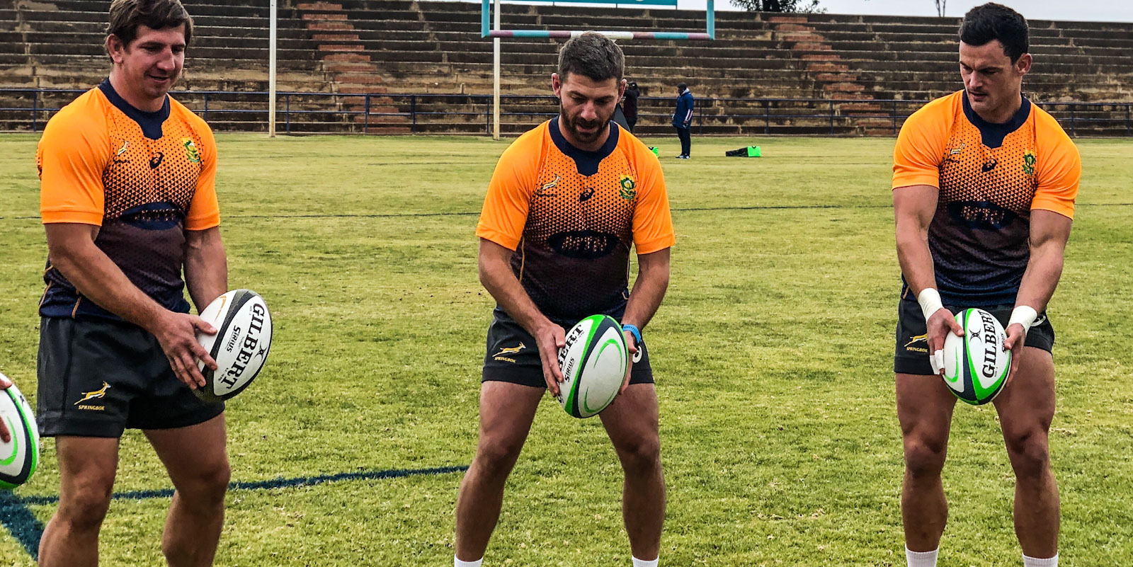 Kwagga Smith, Willie le Roux and Jesse Kriel hard at work at the Springbok training camp in Bloemfontein.