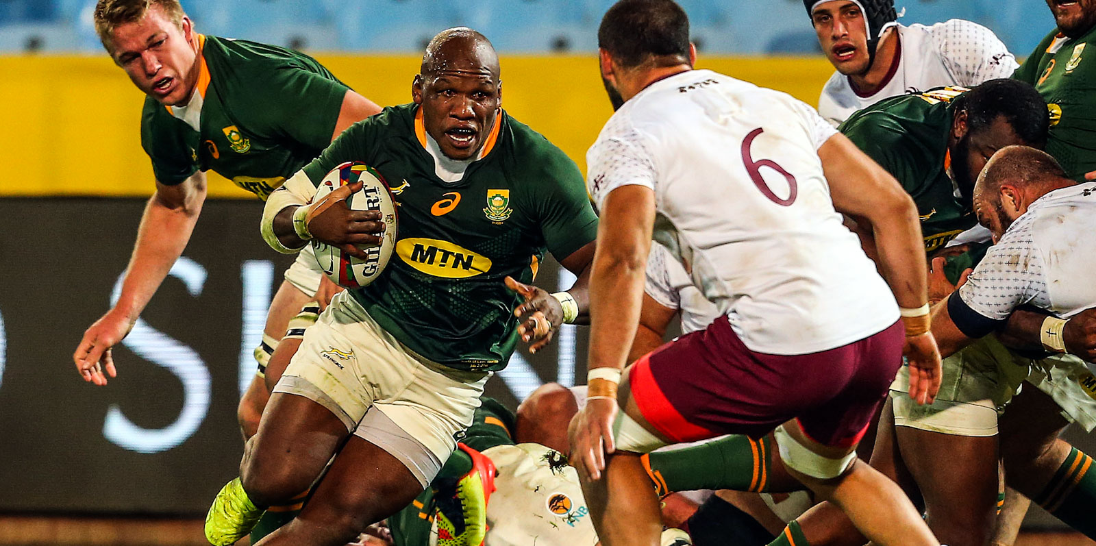 Bongi Mbonambi had a typically busy evening for the Boks and scored one of their six tries.