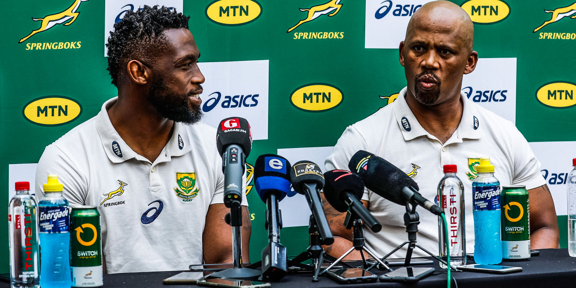 Siya Kolisi and Mzwandile Stick face the media in Nelspruit on Friday.