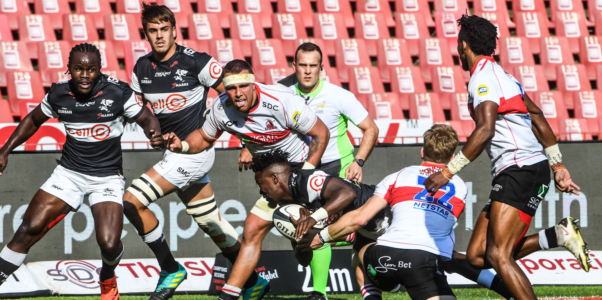 Sanele Nohamba is stopped in last year's Carling Currie Cup clash between the Cell C Sharks and Sigma Lions.