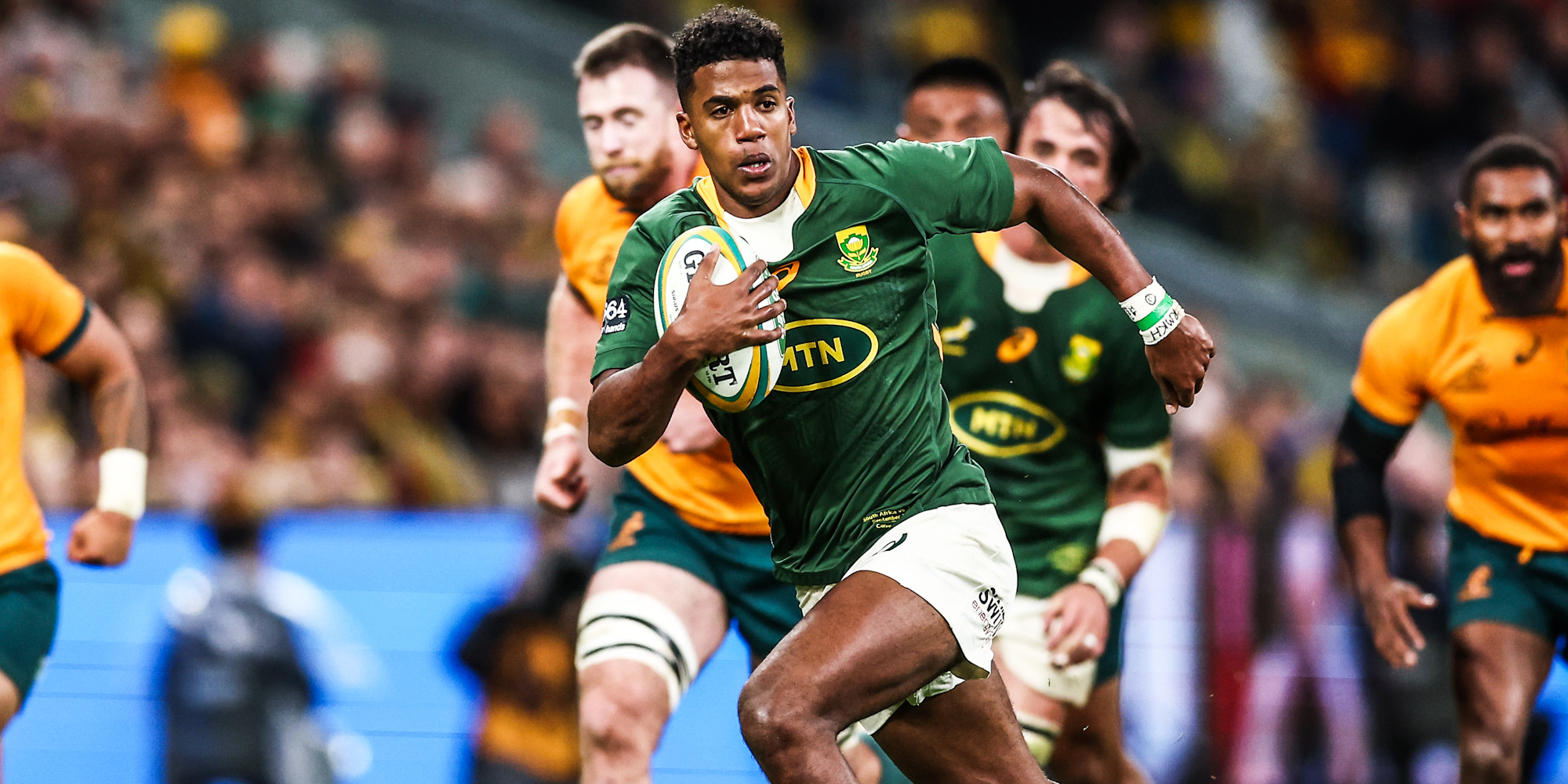 Canan Moodie races away for his brilliant try against the Wallabies in Sydney.