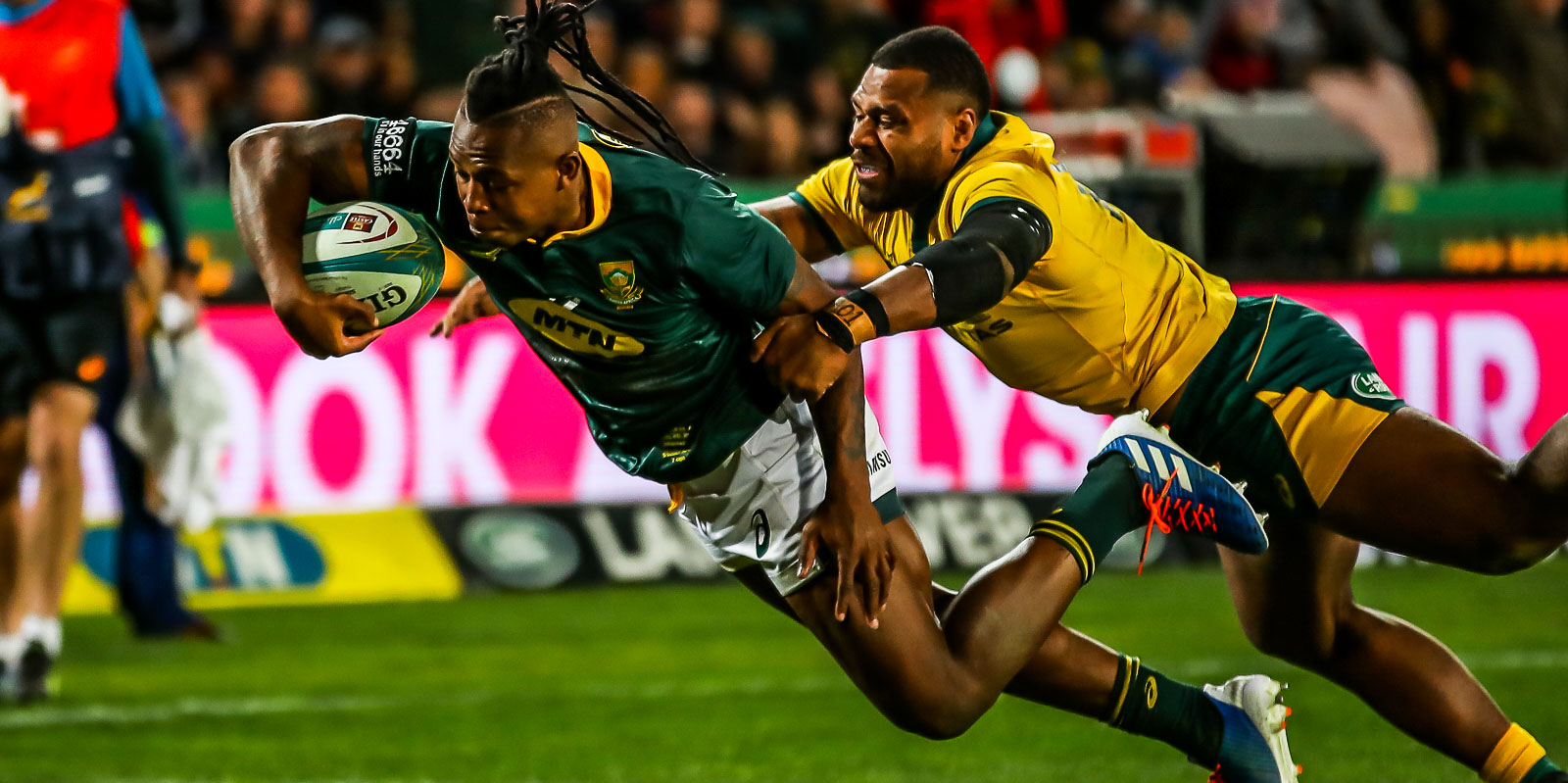 Sbu Nkosi goes over for a try against the Wallabies in 2019.