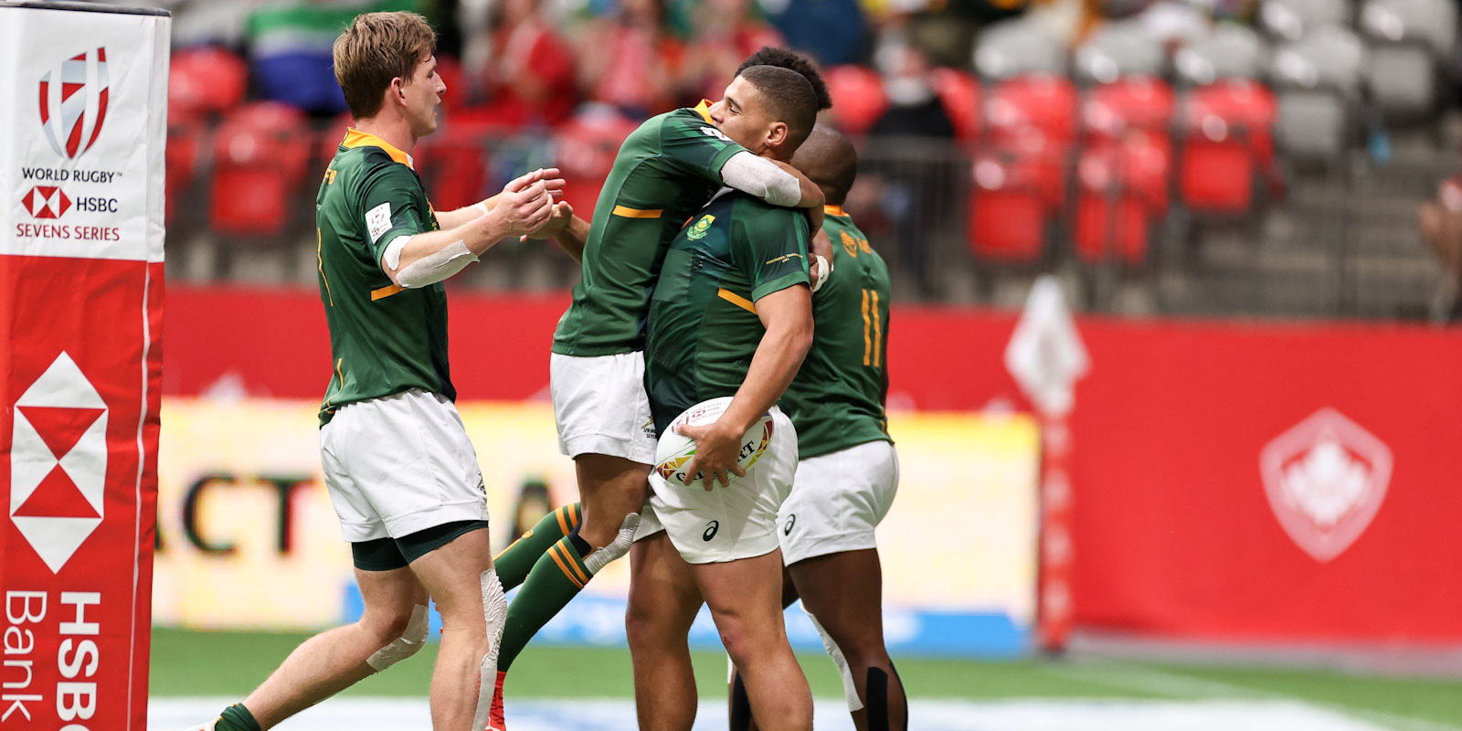 Zain Davids congratulated after scoring a try.