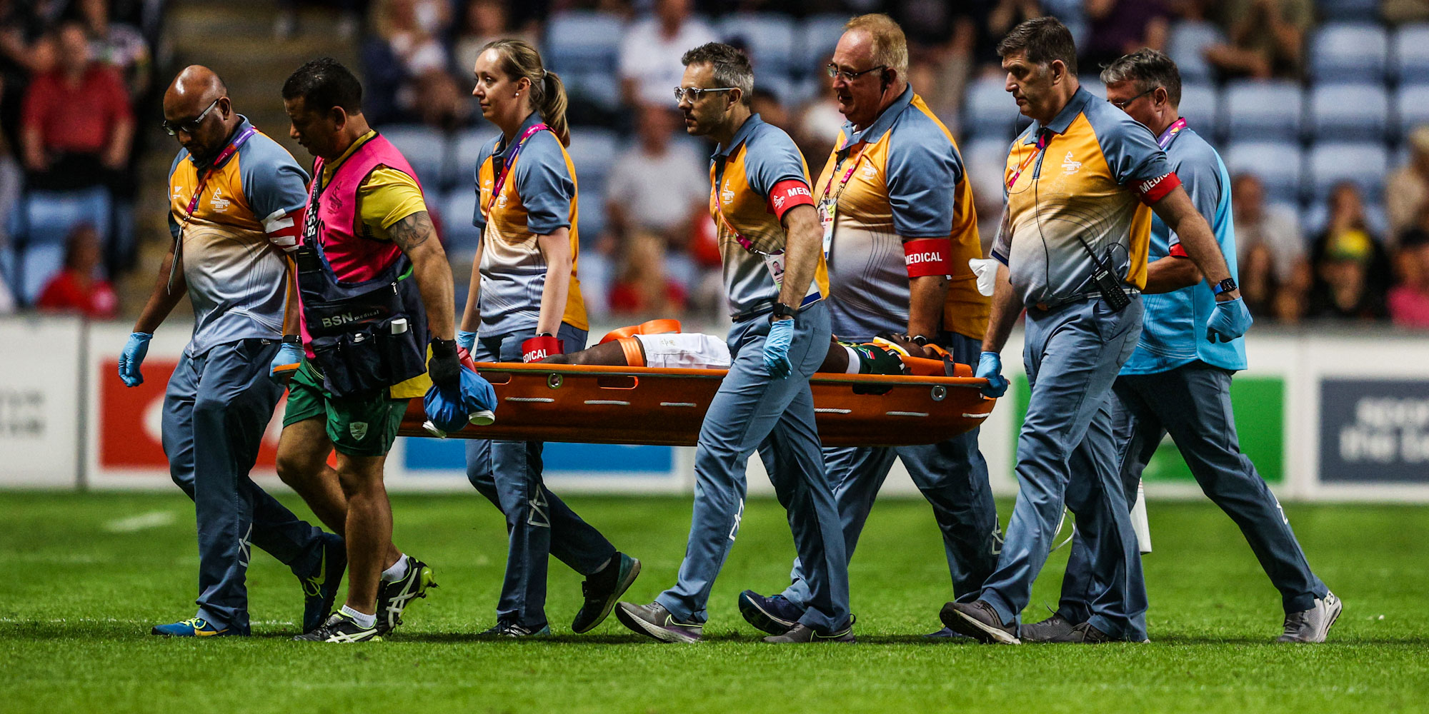 Mfundo Ndhlovu is stretchered off the field at Coventry Stadium.