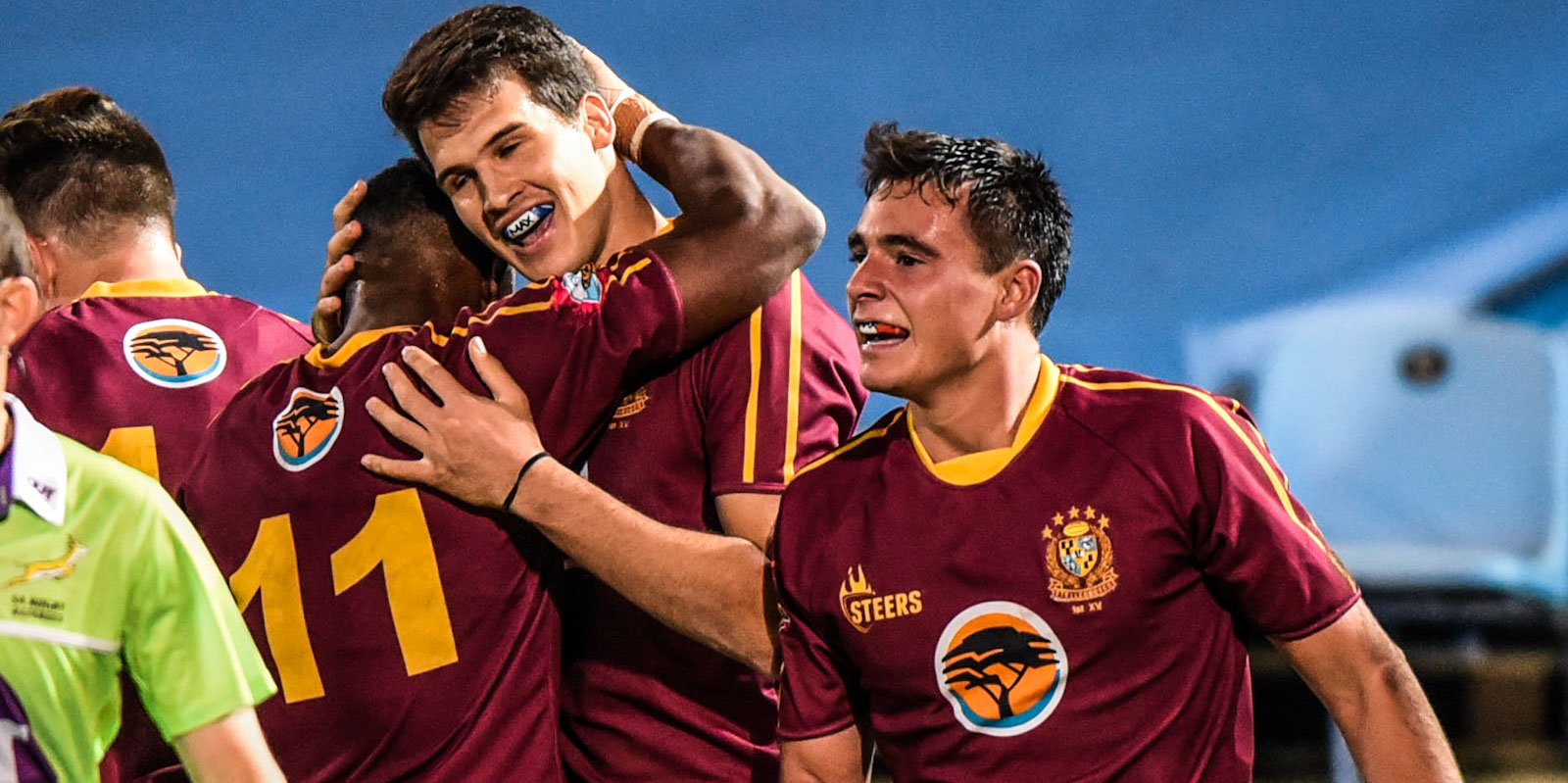 Maties celebrate one of their 11 tries as they outclassed Shimlas on Sunday.