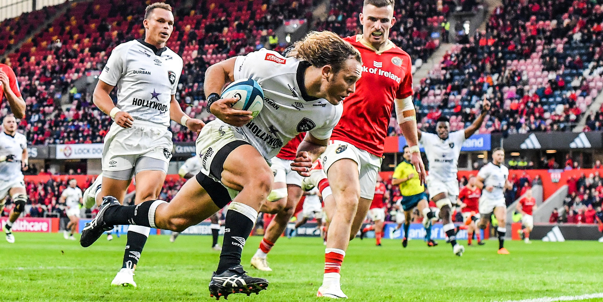 Werner Kok scores for the Hollywoodbets Sharks against Munster.