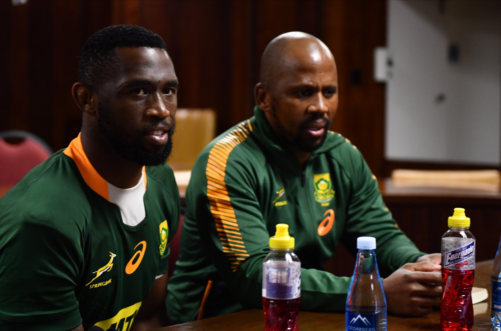 The winning team's Siya Kolisi and Mzwandile Stick during the virtual post-match media conference.