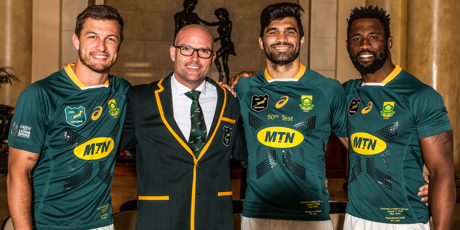 Handre Pollard, Jacques Nienaber, Damian de Allende and Siya Kolisi.