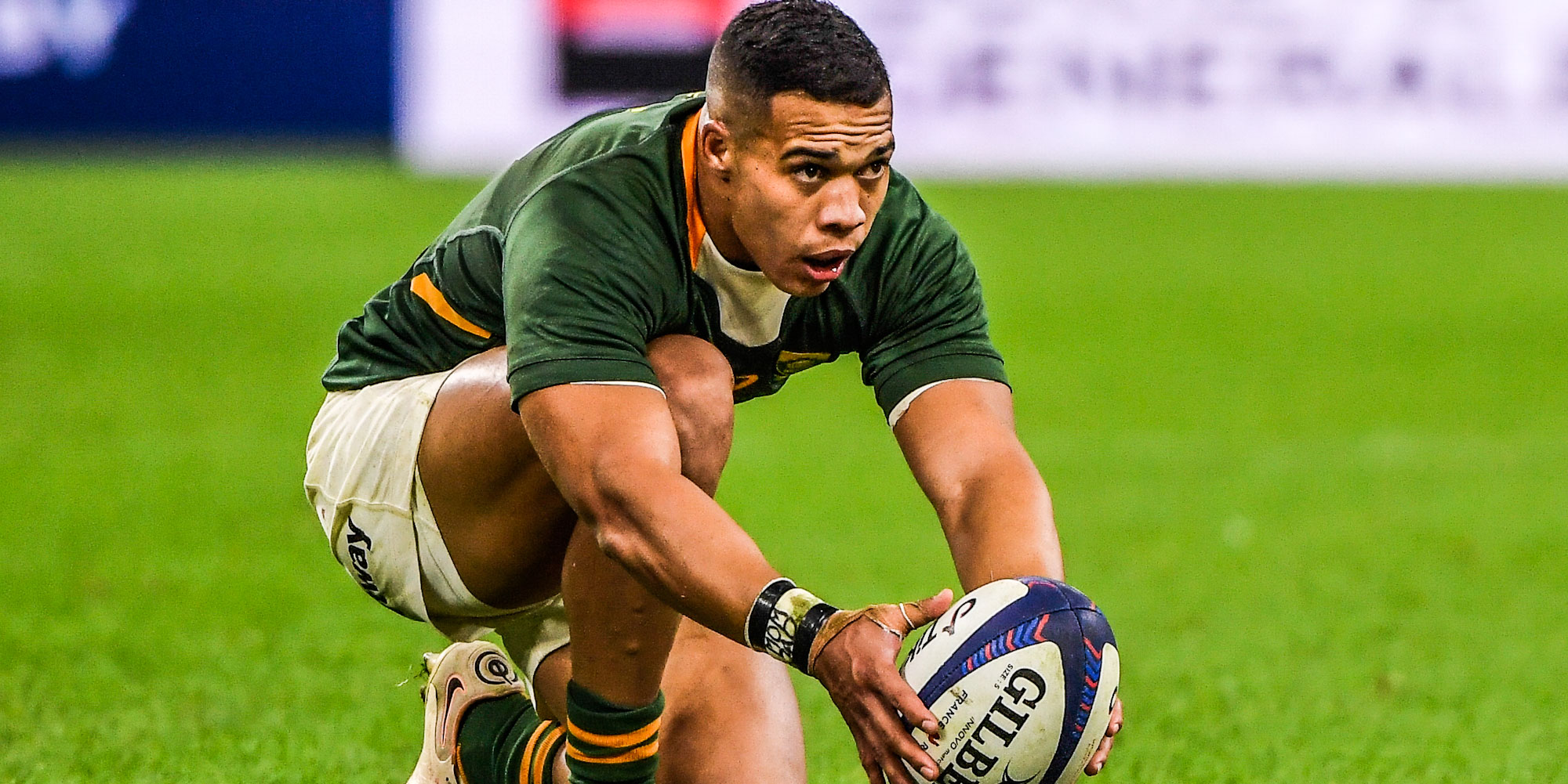Cheslin Kolbe lines up one of his three successful shots on goal.