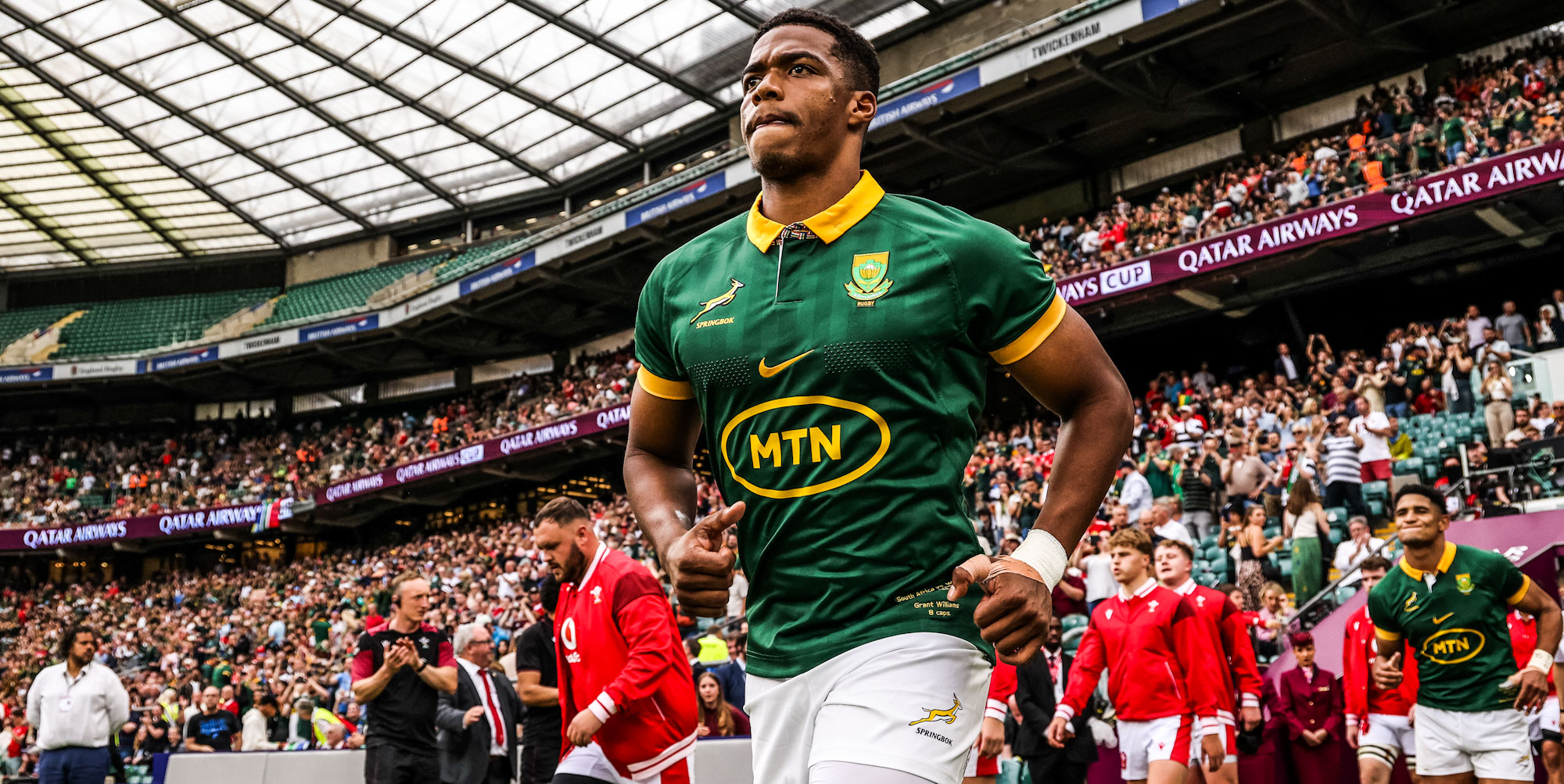 Grant Williams takes the field against Wales in London.