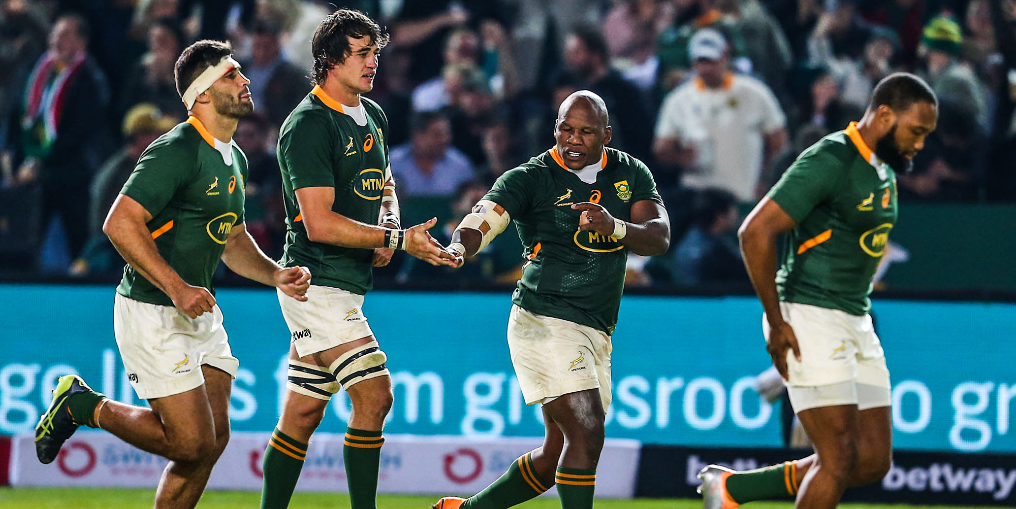 Bongi Mbonambi celebrates scoring a try earlier this year.