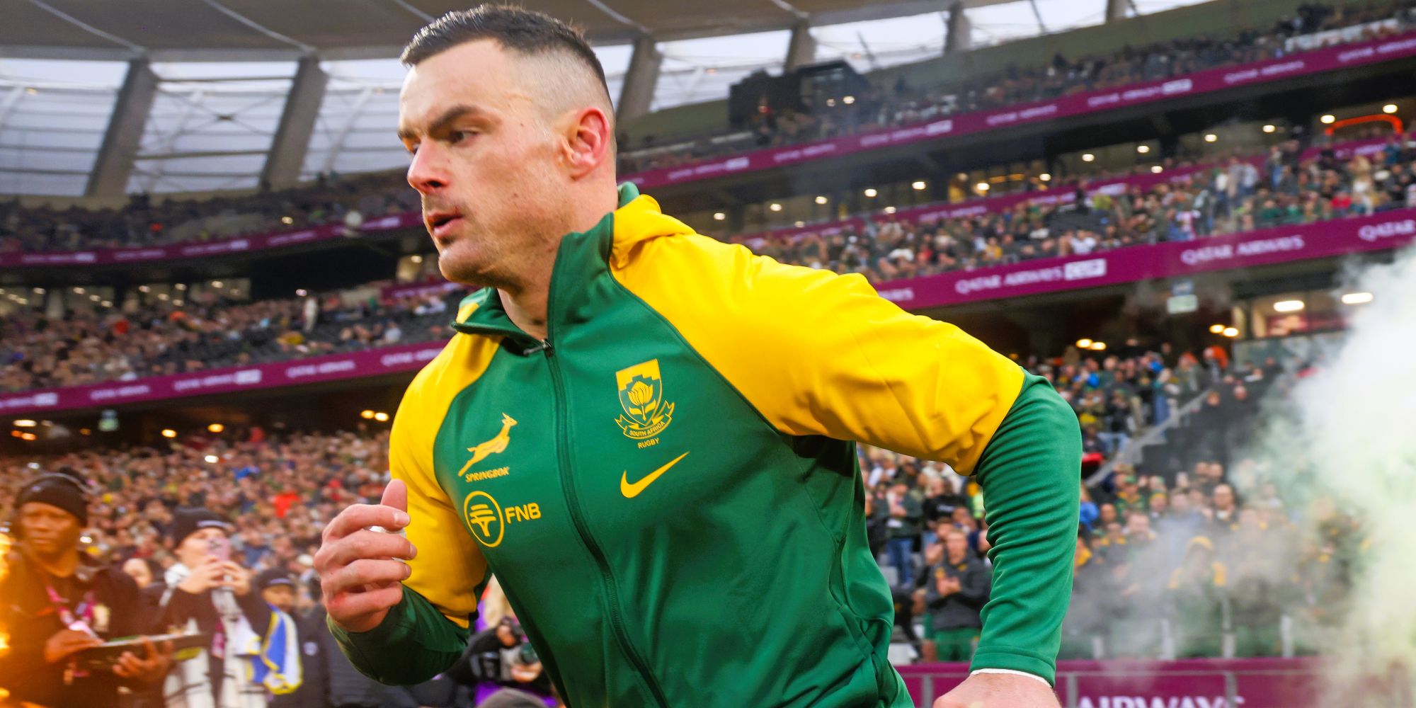 Jesse Kriel leads the Boks out in Cape Town.