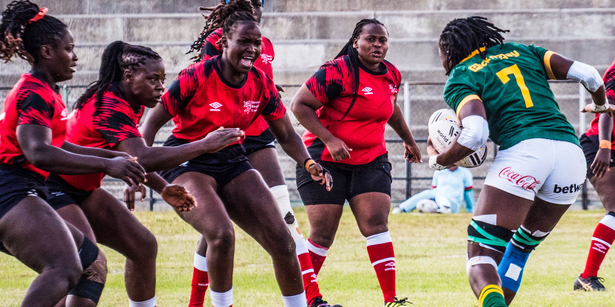 Lerato Makua faces a wall of Kenyan defenders.