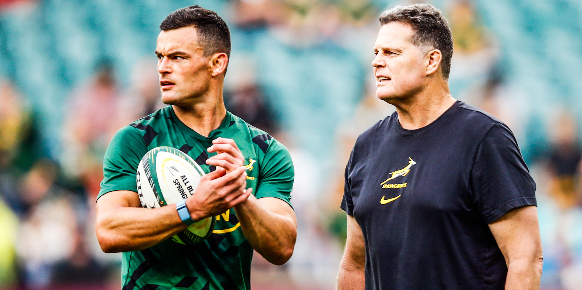 Jesse Kriel and Rassie Erasmus at Twickenham in August.