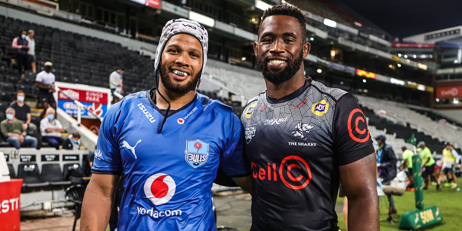 Nizaam Carr and Siya Kolisi after the recent pre-season warm-up match between the Vodacom Bulls and Cell C Sharks.